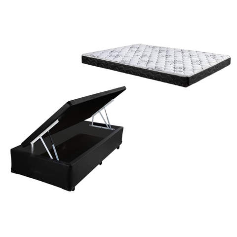 Cama Box Baú Solteiro Conforto Sintético Preto + Colchão Solteiro Conforto Espuma D23 24x88x188