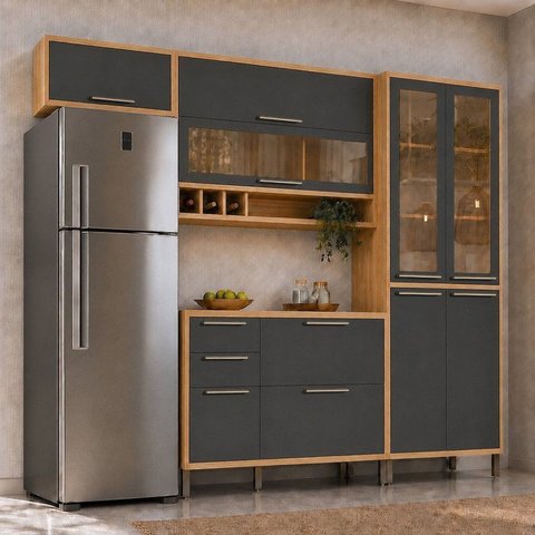Cozinha Compacta Modulada MDF 4 Peças 9 Portas Vidro Vicenza Espresso Móveis Cinza/Amêndoa/Chumbo