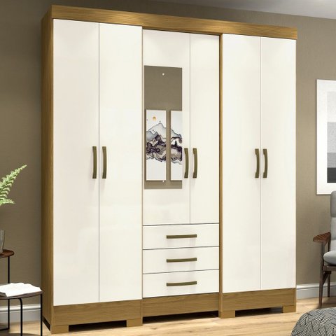 Guarda-roupa Casal 6 Portas 3 Gavetas Nature/off White Lírio - Pnr Móveis