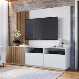 Rack 3 Portas e 2 Nichos com Painel Ripado para Tv 1,80m Cor:branco com Mel - 1