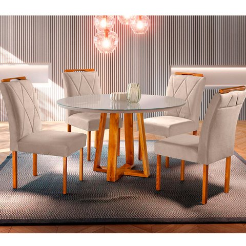 Conjunto Sala de Jantar Natalle 4 Lugares Mesa Redonda 1,2m e 4 Cadeiras Moveis Mix