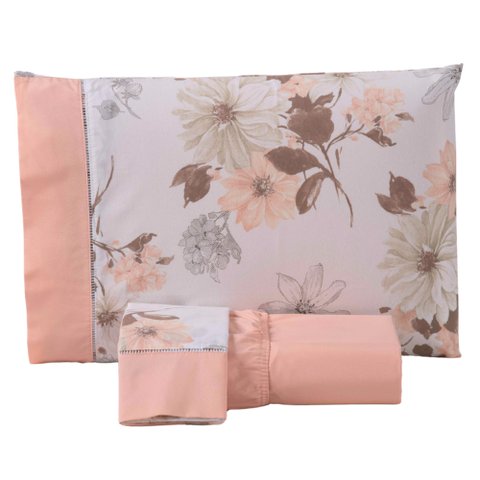 Jogo Cama Lençol Encanto Casal Padrão Estampado Percal 180 Fios C/ Ponto Palito 3 Peças - Floral - S