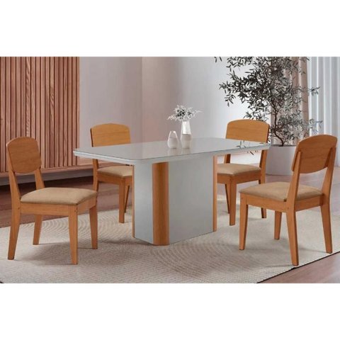 Conjunto: Mesa Sala Jantar Pietá C/ Tampo Madeirado C/ Vidro Canto Curvo 120x80cm e 4 Cadeiras