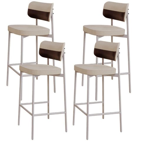 Kit 04 Banquetas Alta Bar Cozinha Sala de Jantar Aço Branco Kaira C01 Linho Areia Courino Café -
