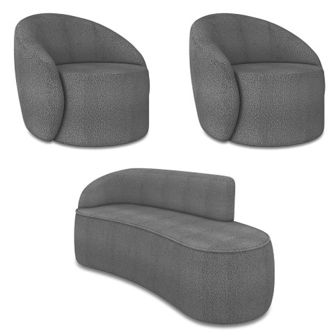 Sofá 3 Lugares Orgânico 180cm Morgan e 2 Poltronas Lua Bouclê Grafite D03 - D’Rossi