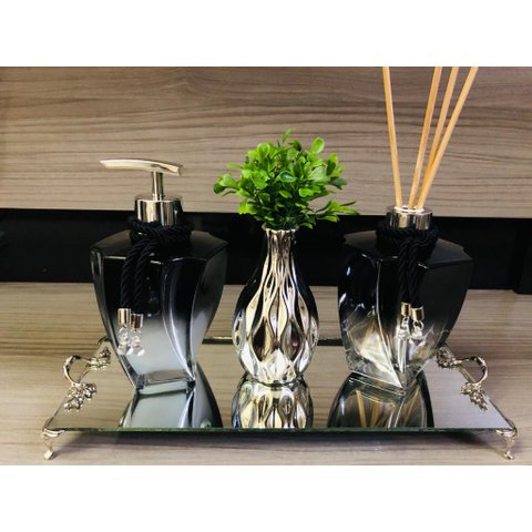 Kit Lavabo Luxo Preto Prata 4 Peças Aromatizador Sabonete