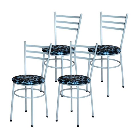 Conjunto 4 Cadeiras Epoxi Cinza para Cozinha Assento Estampado Cor:floral Preto