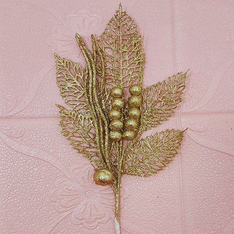 Folhas Flores Enfeite Natal Gliter Dourado de 45cm Kit 6pçs