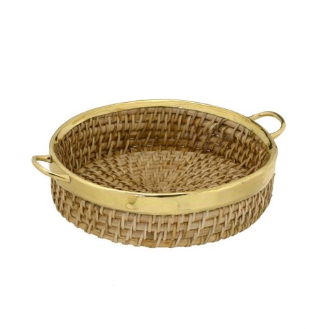Bandeja Decorativa de Fibra Natural e Alumínio Dourado 32cm
