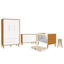 Ver imagem 1 de Dormitório Infantil Theo Retrô 3 Portas, Cômoda 1 Porta, Berço, Mesa de Apoio Branco/Savana com