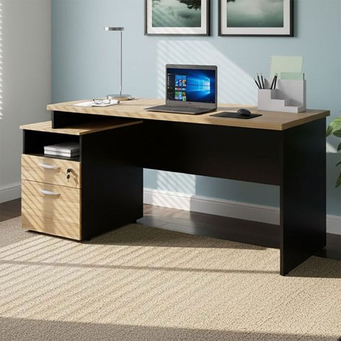 Mesa Escritório 1,50m Nicho e Gaveteiro Pé Painel Mac Pr F5 Cor:macadâmia com Preto