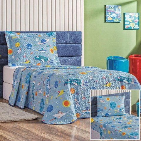 Kit Colcha + Jogo de Cama Bouti Kids Solteiro Infantil 5 Peças 100% Poliéster - Astronauta