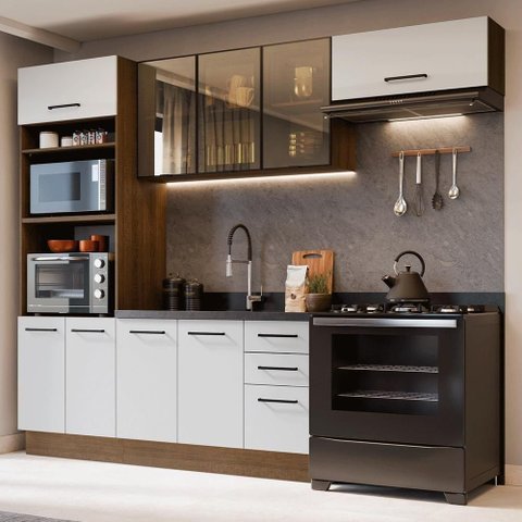 Cozinha Completa Agata 9 Portas 3 Gavetas MDP 270cm Rustic e Branco