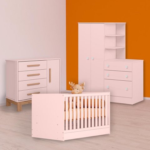 Conjunto Berço Mini Cama, Cômoda Sapateira Slim e Guarda Roupa C/ Cômoda Rosa