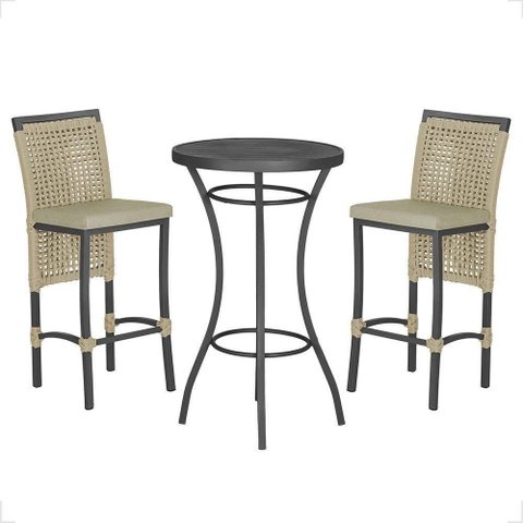 Mesa Bistrô e 2 Banquetas Roma Preta Corda Estofado 7 Trama Rami