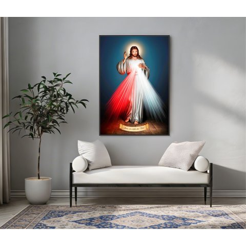 Quadro Jesus Misericordioso Espiritualidade Laminação Fosca 100x70 Moldura Filete Preta Salas de Jan