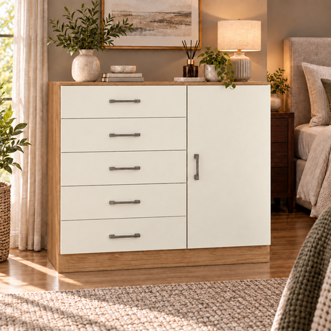 Cômoda para Roupas com 5 Gavetas e 1 Porta, Móvel Organizador para Quarto - Off White