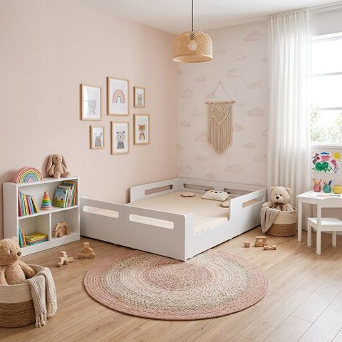 Cama Infantil Montessoriana Casal MDF com Grade de Proteção