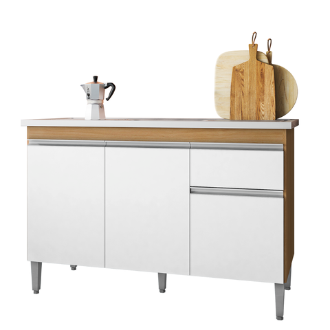Balcão Gabinete de Cozinha 3 Portas 120cm Tatiane sem Tampo:amêndoa Branco