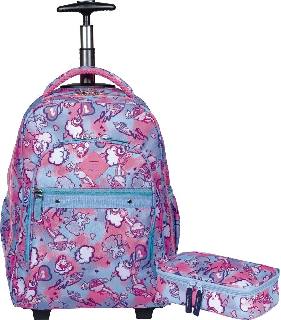 Kit Conjunto Mochila Escolar Feminina Juvenil Impermeável Unicórnio Rodinha Carrinho Rosa + Estojo 1 - 1