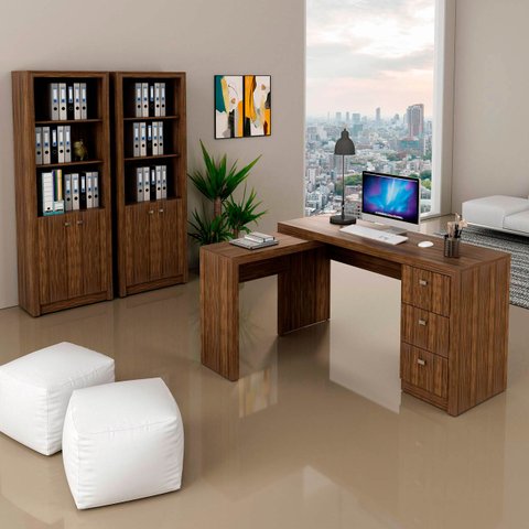 Kit Escritório Com Mesa em L 3 Gavetas e 2 Armários 171 cm Cor: Nogal