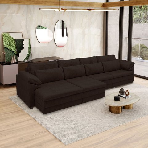 Sofá Retrátil Manual Sala de Estar Nolan Bipartido 339cm Conforto Premium em Couro Marrom Manchado G