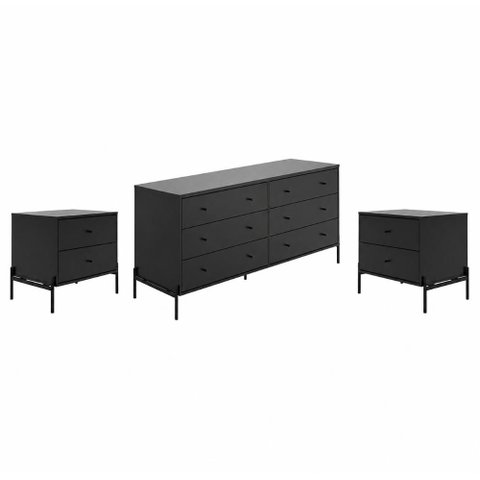 Cômoda com 6 Gavetas e 2 Mesas de Cabeceira Jasper - Preto Fosco