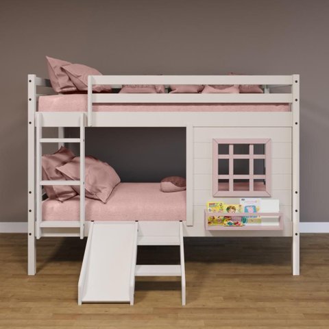 Beliche Infantil com Janela e Escorregador Madeira Maciça Branco/ Rosa Housin