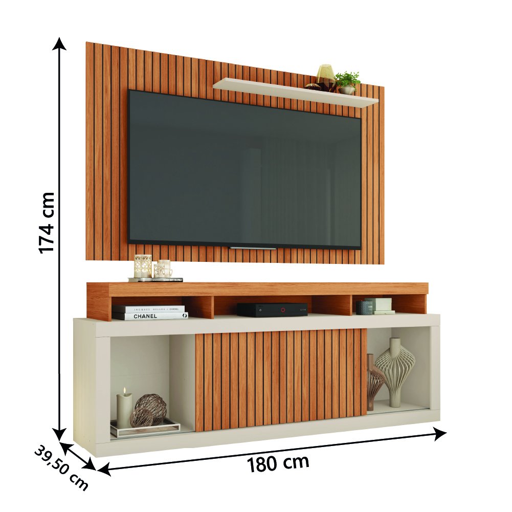 Rack Bancada com Painel Ripado para Tv até 65 Polegadas 1,80m Panamá Buriti / Off White Caemmun - 3