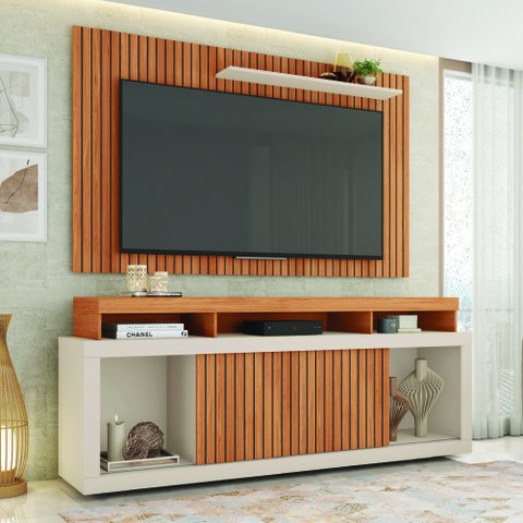 Rack Bancada com Painel Ripado para Tv até 65 Polegadas 1,80m Panamá Buriti / Off White Caemmun