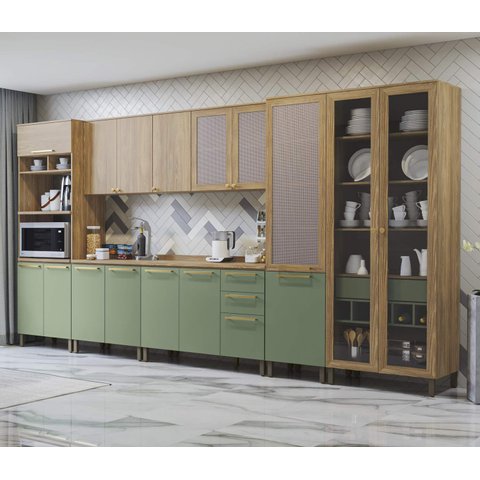 Armário de Cozinha Modulada Completa Reta 9 Peças 4,00m Botanic Kappesberg - Nogueira/verde Oliva