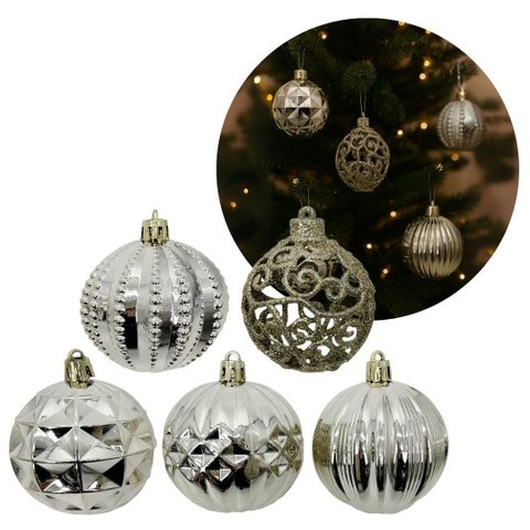 Kit 6 Bolas Natal Luxo Champanhe Textura Metalizada e Arabesco Glitter Vazado 6cm