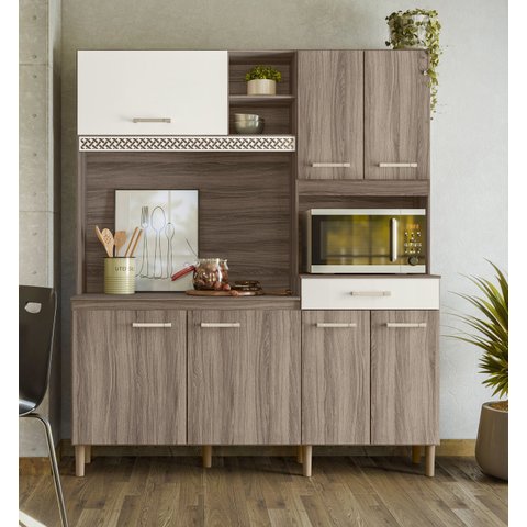 Kit Cozinha Yara 160 7 Portas Carvalho Nature/Off White Cristal - Nicioli