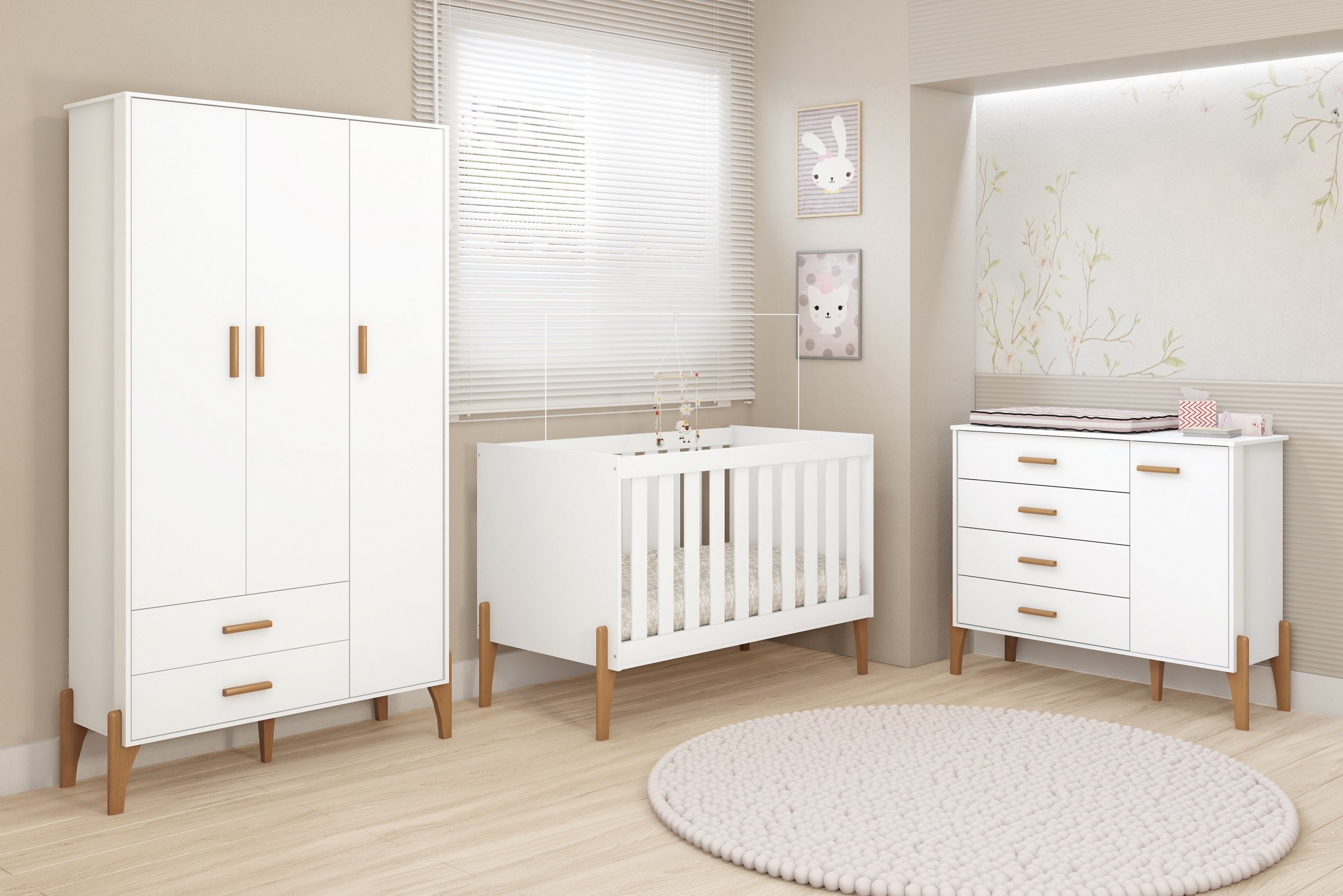 Conjunto Quarto Infantil Completo Iris 100% Mdf-roupeiro-cômoda-berço-moveis Estrela:branco