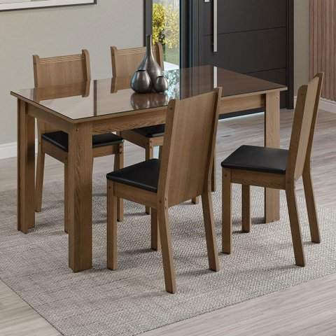 Conjunto Sala de Jantar Mesa Tampo de Vidro 4 Cadeiras Kiara Madesa