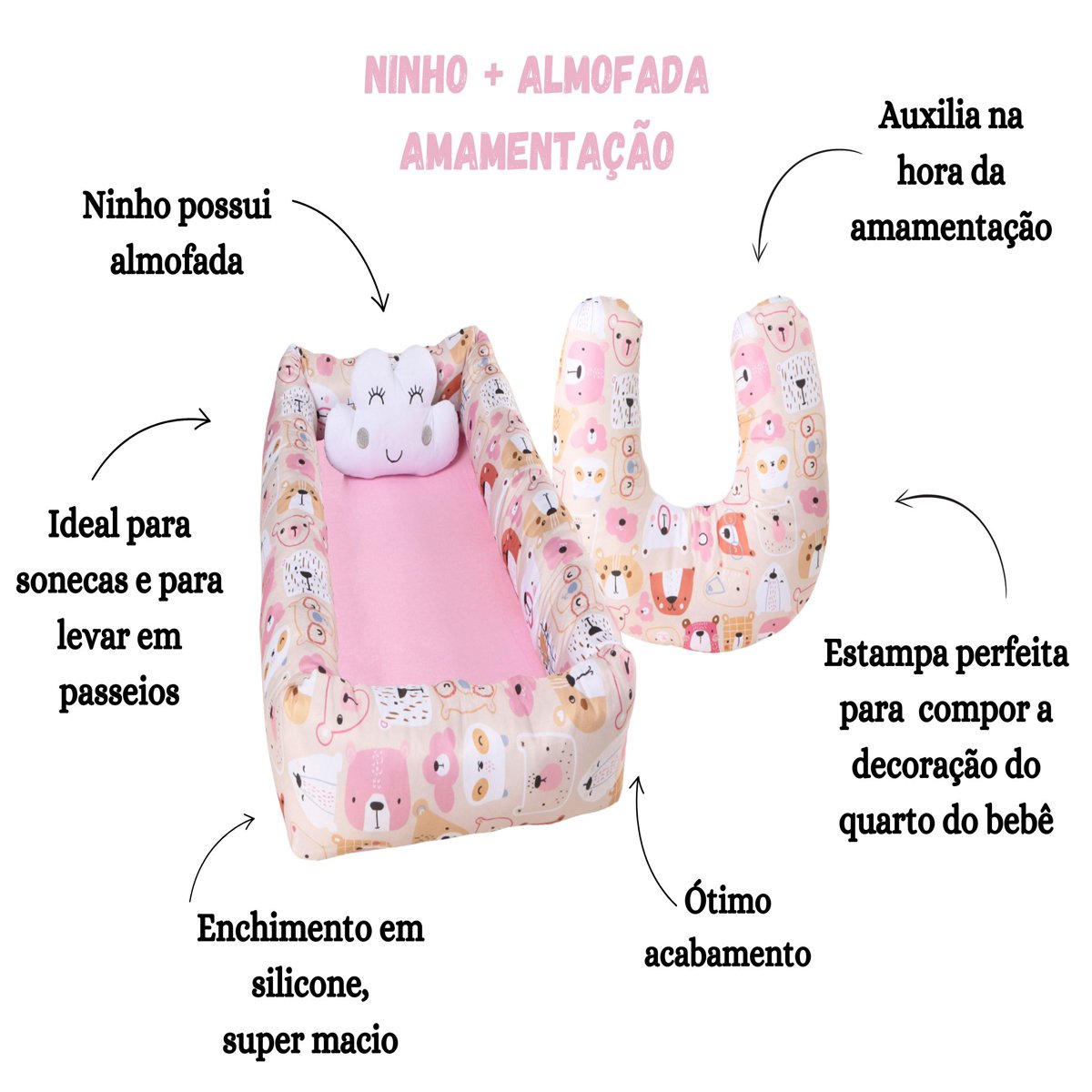 Ninho Redutor com Almofada de Amamentação Bebê Menina Estampado - Ursinha Mel - 5