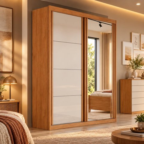 Guarda Roupa Casal 100% MDF com Espelho Angra Nature/Off White Bianchi