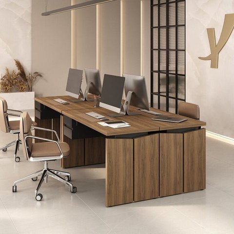 Conjunto para Escritório 4 Pessoas Kit 4 Mesas Operacionais 1450 com Gavetas Expresso Móveis Marrom/Nogal/Preto Artany