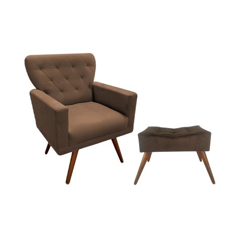 Kit Poltrona Decorativa Aurora + 1 Puff Retangular Suede Marrom Pés Madeira Mz Decor