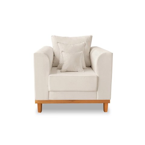 Poltrona Decorativa Viena Com Base de Madeira Linho Bege - Madeira Prima Deccor