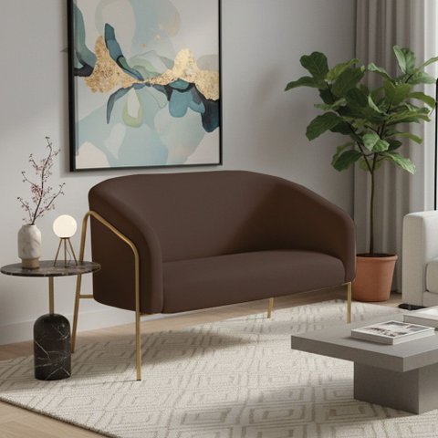 Sofá 2 Lugares Namoradeira Stella Base Industrial Alta Dourada Suede Marrom D03 - D’Rossi