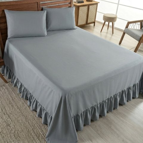 Colcha Laila C/ Babado 400 Fios Casal 3 Peças Cinza