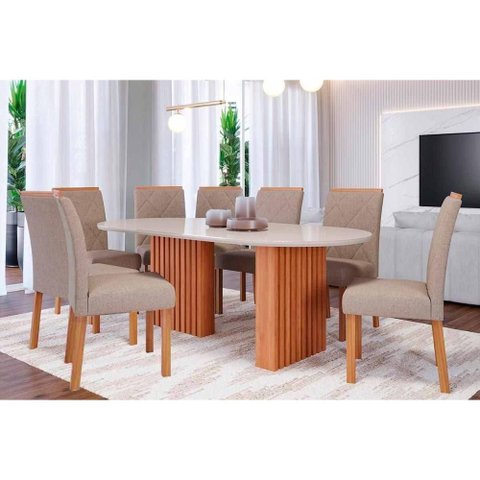 Conjunto: Mesa Sala Jantar Ester Tampo Madeirado C/ Vidro 210x100cm e 8 Cadeiras Fernanda Cinamomo/