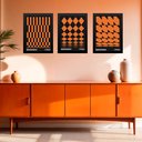 Ver imagem 1 de Kit 3 Quadros Artes Geométricas Bauhaus Laranja e Preto 33x24cm - com Vidro:moldura Branca