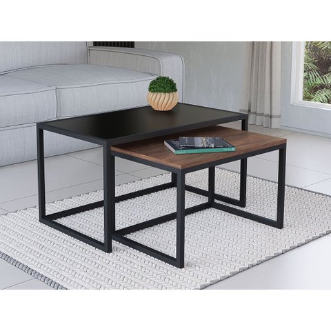 Conjunto Mesa de Centro Industrial 65cm e 60cm Aço Preto Duo Madeira Don Castro Decor