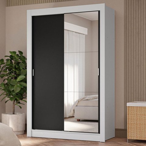Guarda-roupa Solteiro 2 Portas de Correr com Espelho 4 Gavetas Branco/preto Vivare Plus Madesa