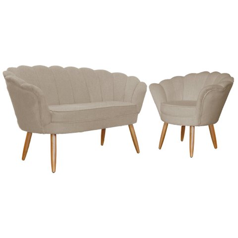Kit Namoradeira + 1 Poltrona Decorativa Pétala Suede Capuccino Pés Madeira Mz Decor
