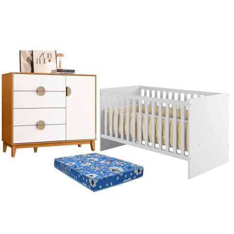 Berço Nacional Life 2186 com Colchão Ortobom e Cômoda Sapateira Ipe Branco Cinamomo - Móveis Albatro