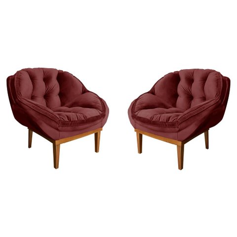 Kit 2 Poltronas Decorativa Marcela Veludo Base Madeira Castanho - Pallazio Marsala