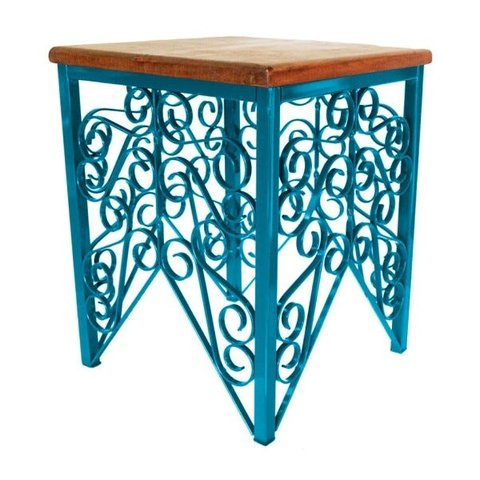 Banco de Ferro Artesanal Decorativo com Madeira de Demolição Rustica Pratico - Azul Turquesa